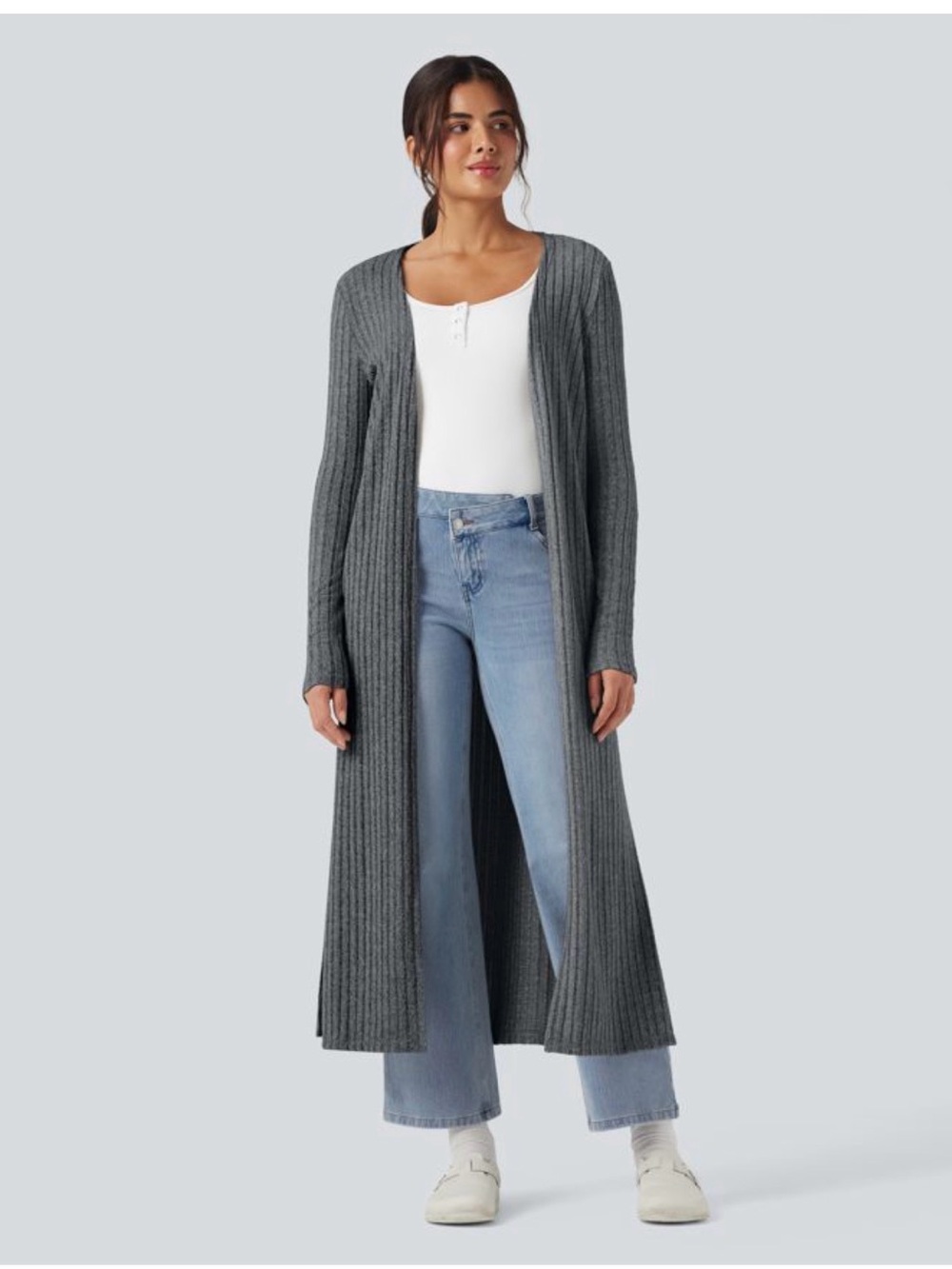 Halara Ribbed Knit Long Sleeve Split Casual Longline Coat
